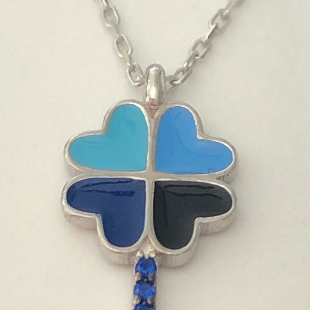 Blue heart clover key 925 silver cz necklace - Picture 2 of 9